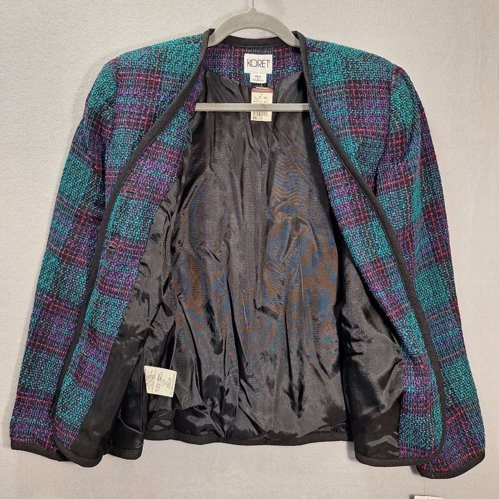 NWT Vintage 80s Jewel Tone Plaid Blazer Wool Blend Fitted USA Union Made Size 10 - Picture 7 of 15